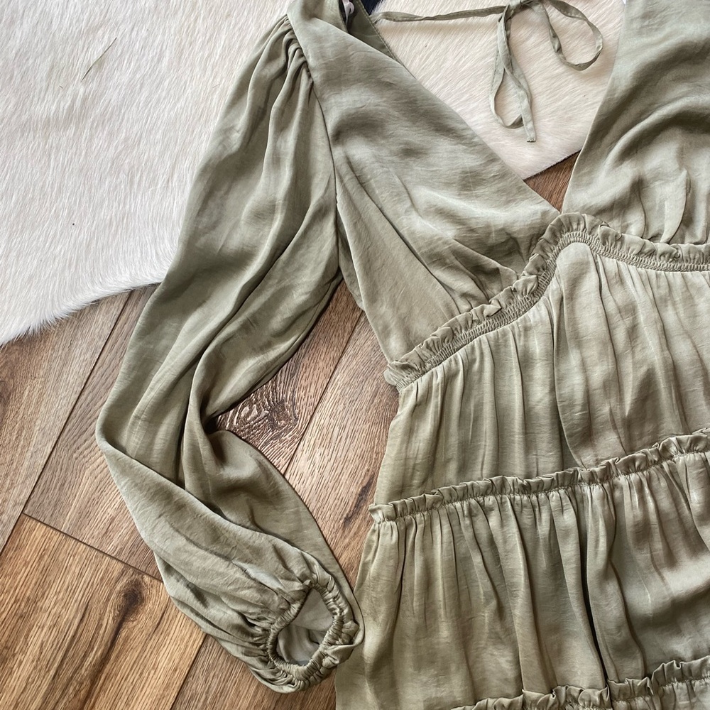 SOLD Lulus Moonstruck Olive Green Satin Tiered Long Sleeve Mini Dress - Picture 7 of 9